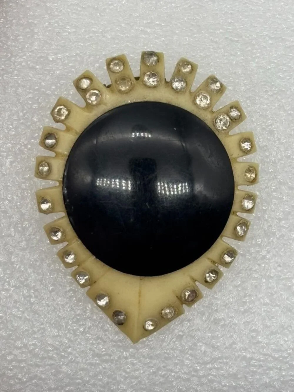 Vintage Celluloid Art Deco Dress Clip Black and Cream With Rhinestones, Unsigned